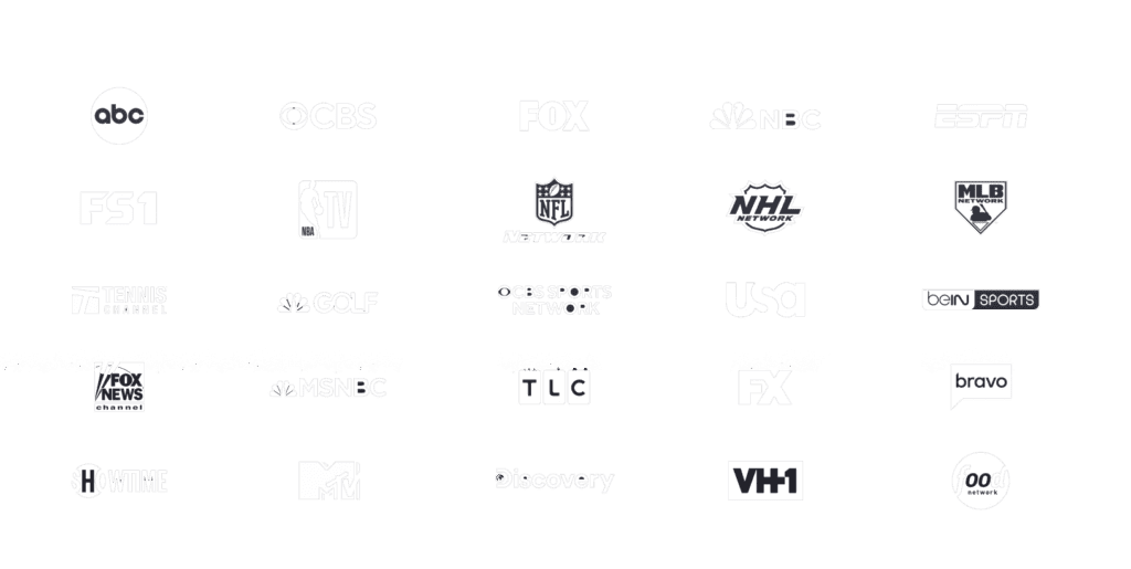 Logos of popular TV channels including ABC, FOX, NBC, CBS, ESPN, and more – all available with the Best IPTV service.