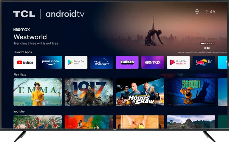 Android Smart TV interface showing popular streaming apps and the Best IPTV service options.