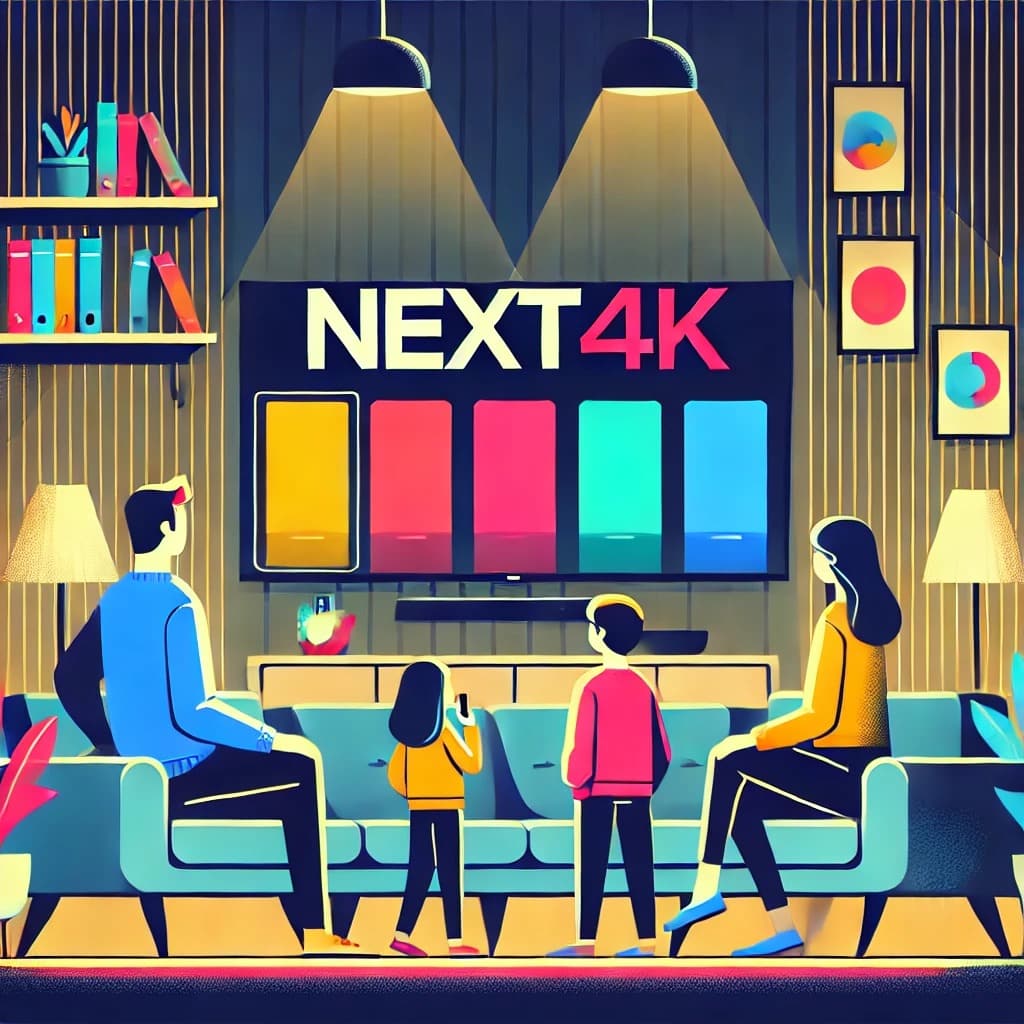 Famille regardant un abonnement IPTV sur une Smart TV avec le logo Next4K à l'écran.