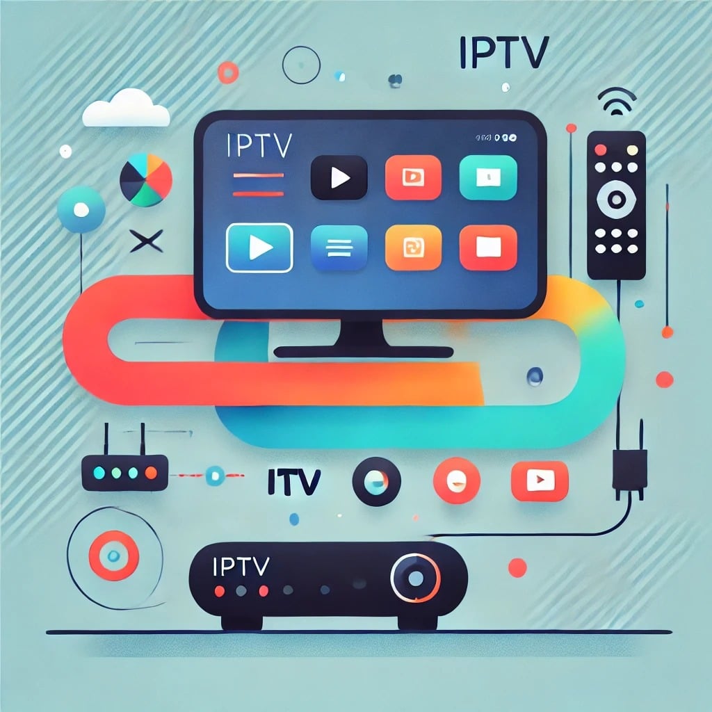 Minimalistic IPTV decoder connected to a television with streaming interface and floating channel icons in the background.