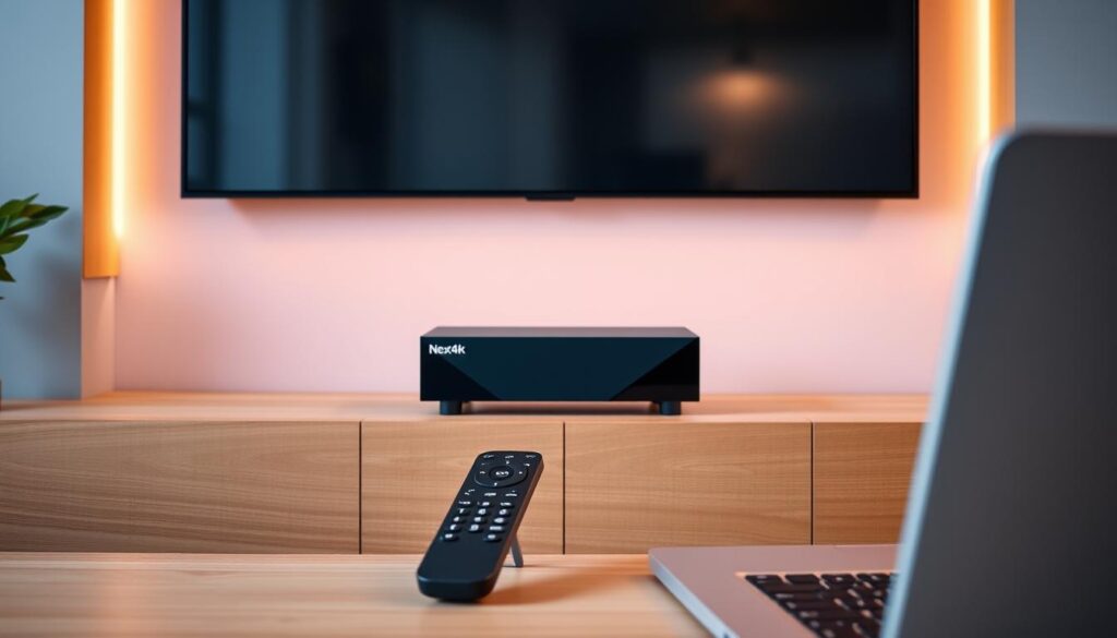 A modern home entertainment setup with a Next4k IPTV streaming device prominently displayed on a sleek, minimalist wooden media console. The device's clean, angular design stands out against a backdrop of warm, indirect lighting, casting a soft glow over the room. In the foreground, a high-end remote control and a laptop or tablet are positioned, suggesting the seamless integration of the IPTV system with other smart home devices. The overall scene conveys a sense of simplicity, efficiency, and technological sophistication, perfectly capturing the essence of a well-designed IPTV streaming setup.