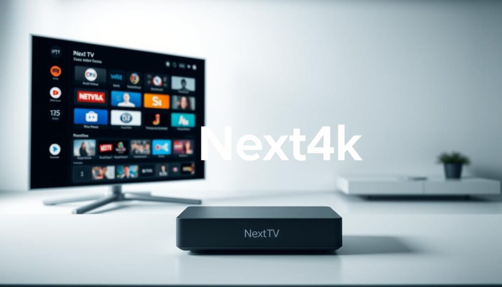 A sleek and modern IPTV subscription service interface, featuring the brand "Next4k" prominently displayed. In the foreground, a minimalist dashboard showcases live TV channels, on-demand content, and subscription management tools. The middle ground presents a grid of app icons for various streaming platforms, while the background subtly suggests a high-tech, futuristic ambiance with a soft, cool-toned color palette and a faint grid pattern. Realistic lighting and depth-of-field create a polished, professional appearance, inviting the viewer to explore the comprehensive IPTV ecosystem.