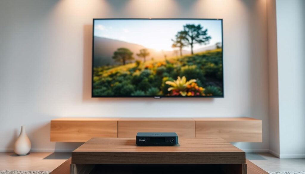 A sleek, minimal living room with a large flatscreen TV mounted on the wall. In the foreground, a modern, low-profile media console in a warm wood tone holds a Next4k IPTV box. Soft, indirect lighting illuminates the space, creating a cozy, inviting atmosphere. The TV displays a vibrant, high-definition nature scene, hinting at the wide array of content available through the Next4k IPTV service. The room is uncluttered, with clean lines and a balanced, harmonious composition, conveying the cost-effective and streamlined nature of the IPTV setup.