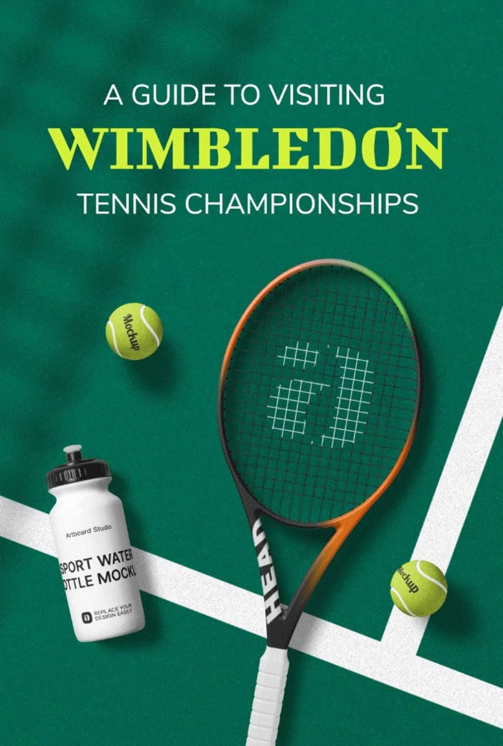 Tennis racket, balls, and water bottle on a green Wimbledon-themed court