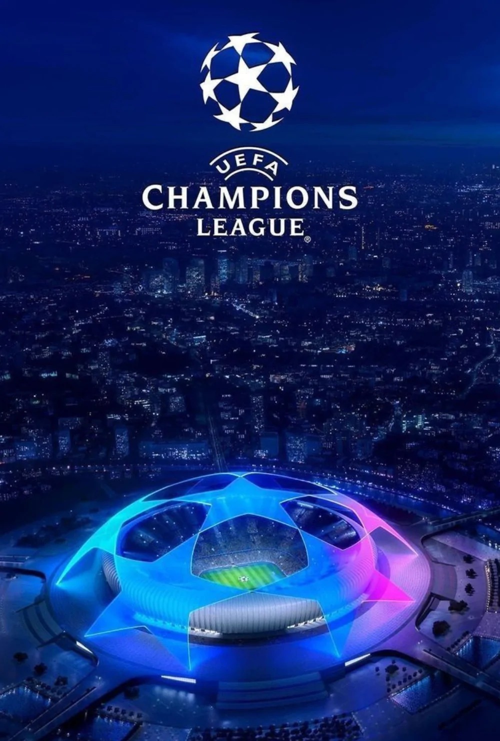 UEFA Champions League logo over a lit-up stadium in the evening