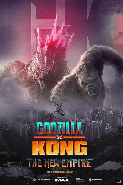 Poster showing Godzilla and Kong charging through a city skyline
