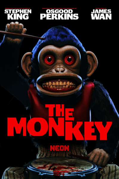 Horror poster of The Monkey with a creepy toy monkey and red text