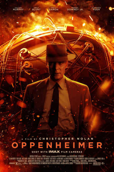 Cillian Murphy in front of atomic bomb art in Oppenheimer poster