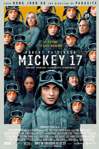 Mickey 17 poster with Robert Pattinson and multiple clones in uniforms