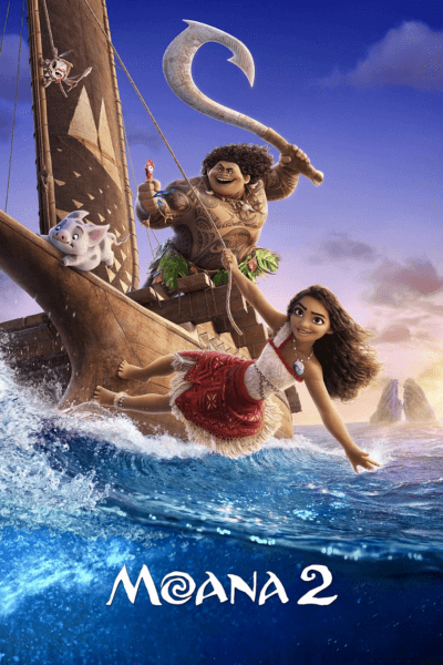 Moana and Maui sailing in Moana 2 animated movie poster