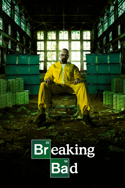 Breaking Bad poster with Walter White sitting in a warehouse full of cash