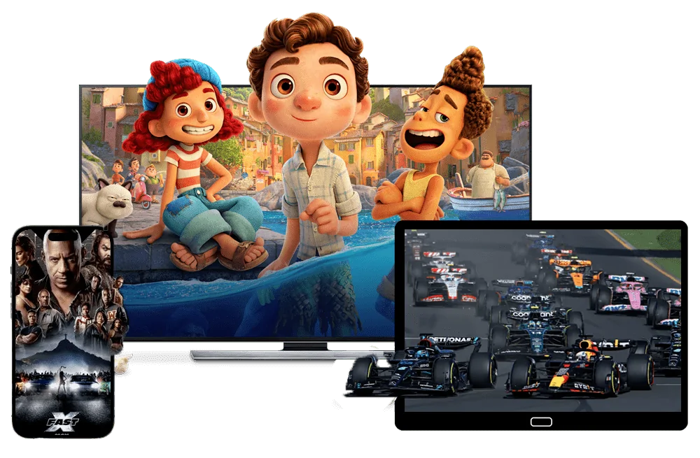 TV, tablet, and smartphone streaming cartoons, action movies, and Formula 1 using the Best IPTV service.