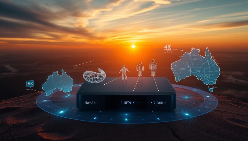 A cinematic aerial view of the Australian landscape at sunset, with a sleek, modern Next4k IPTV set-top box prominently featured in the foreground. The box is surrounded by a technological display showcasing the evolution of television in the country, with holographic images and data visualizations depicting the transition from traditional broadcast to the cutting-edge world of internet-based television services. The scene is bathed in warm, golden light, conveying a sense of progress and advancement in the way Australians consume and experience television content.
