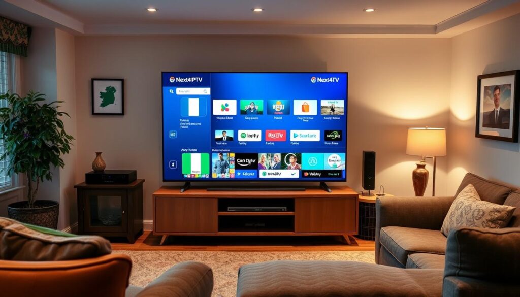 A cozy living room with a large flatscreen TV displaying the Next4k IPTV service, showcasing various Irish channels and streaming options. The room is well-lit with soft, warm lighting, and the TV takes center stage, surrounded by comfortable furniture and decor that evokes a modern, sophisticated Irish aesthetic. The walls feature subtle Irish-themed artwork, and a potted plant adds a touch of natural greenery. The overall atmosphere conveys the convenience and enjoyment of IPTV Ireland, blending traditional and contemporary elements. A cozy living room with a large flatscreen TV displaying the Next4k IPTV service, showcasing various Irish channels and streaming options. The room is well-lit with soft, warm lighting, and the TV takes center stage, surrounded by comfortable furniture and decor that evokes a modern, sophisticated Irish aesthetic. The walls feature subtle Irish-themed artwork, and a potted plant adds a touch of natural greenery. The overall atmosphere conveys the convenience and enjoyment of IPTV Ireland, blending traditional and contemporary elements.