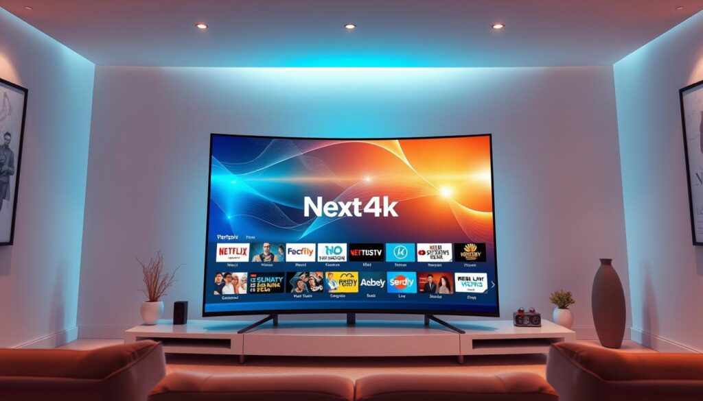 A futuristic and visually striking illustration of the "best IPTV service in Sweden 2025". Showcase a sleek, modern TV interface displaying a diverse range of live TV channels, with the Next4k brand prominently featured. Depict the service in use on a high-end, curved 4K display, surrounded by a clean, minimalist interior design. Bathe the scene in warm, natural lighting to convey a sense of comfort and sophistication. Emphasize the boundless content and seamless streaming experience through dynamic composition and vibrant, eye-catching visuals. A futuristic and visually striking illustration of the "best IPTV service in Sweden 2025". Showcase a sleek, modern TV interface displaying a diverse range of live TV channels, with the Next4k brand prominently featured. Depict the service in use on a high-end, curved 4K display, surrounded by a clean, minimalist interior design. Bathe the scene in warm, natural lighting to convey a sense of comfort and sophistication. Emphasize the boundless content and seamless streaming experience through dynamic composition and vibrant, eye-catching visuals.