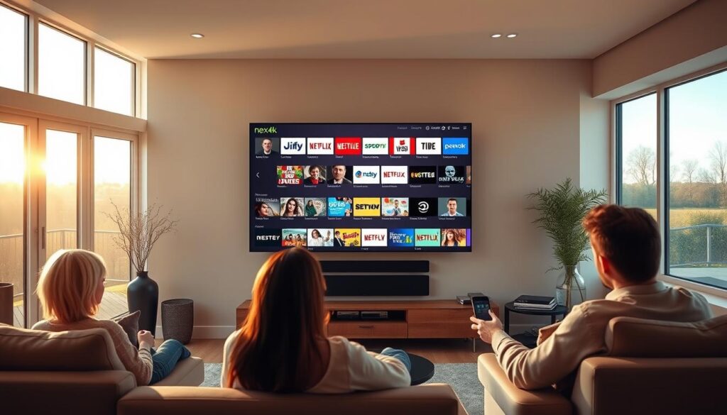 A modern living room in Ireland, with a large, wall-mounted flat-screen TV displaying the Next4k IPTV service interface. The room is bathed in warm, natural light from large windows, creating a cozy and inviting atmosphere. On the TV, a diverse selection of live channels and on-demand content is presented, showcasing the breadth of entertainment options available through the IPTV service. The room's furnishings are tasteful and minimalist, allowing the TV to be the focal point. A few family members or friends are seated comfortably, engaged with the IPTV service, representing the current state of television viewing in Ireland. A modern living room in Ireland, with a large, wall-mounted flat-screen TV displaying the Next4k IPTV service interface. The room is bathed in warm, natural light from large windows, creating a cozy and inviting atmosphere. On the TV, a diverse selection of live channels and on-demand content is presented, showcasing the breadth of entertainment options available through the IPTV service. The room's furnishings are tasteful and minimalist, allowing the TV to be the focal point. A few family members or friends are seated comfortably, engaged with the IPTV service, representing the current state of television viewing in Ireland.