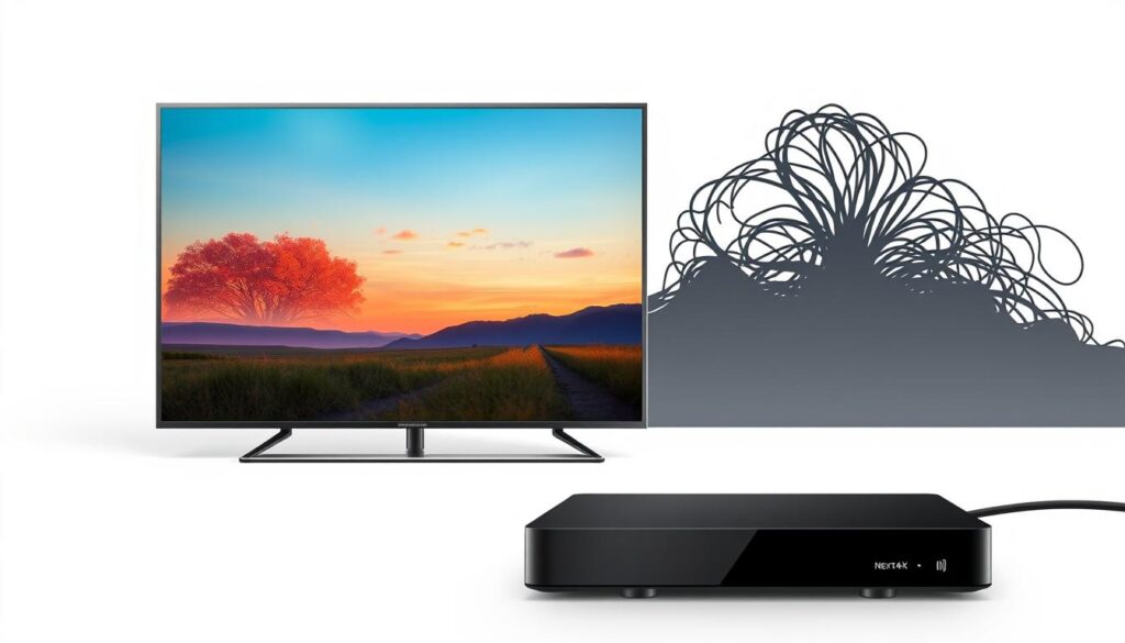 A modern, minimalist illustration showcasing the advantages of Next4k IPTV over traditional cable TV. In the foreground, a sleek, high-definition TV displays a vivid, vibrant image of a nature scene. The middle ground features a streamlined IPTV set-top box, symbolizing the effortless access to a vast library of live and on-demand content. The background subtly suggests the limitations of cable TV, with tangled wires and outdated technology fading into the distance. The overall scene conveys a sense of freedom, flexibility, and the future of home entertainment, highlighting the key benefits of choosing the best Next4k IPTV service in Sweden. A modern, minimalist illustration showcasing the advantages of Next4k IPTV over traditional cable TV. In the foreground, a sleek, high-definition TV displays a vivid, vibrant image of a nature scene. The middle ground features a streamlined IPTV set-top box, symbolizing the effortless access to a vast library of live and on-demand content. The background subtly suggests the limitations of cable TV, with tangled wires and outdated technology fading into the distance. The overall scene conveys a sense of freedom, flexibility, and the future of home entertainment, highlighting the key benefits of choosing the best Next4k IPTV service in Sweden.