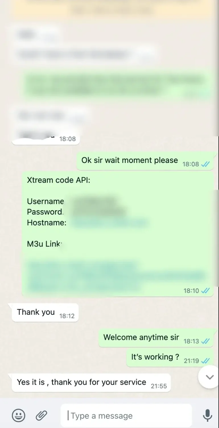 WhatsApp chat with M3U and login info delivered to IPTV client.