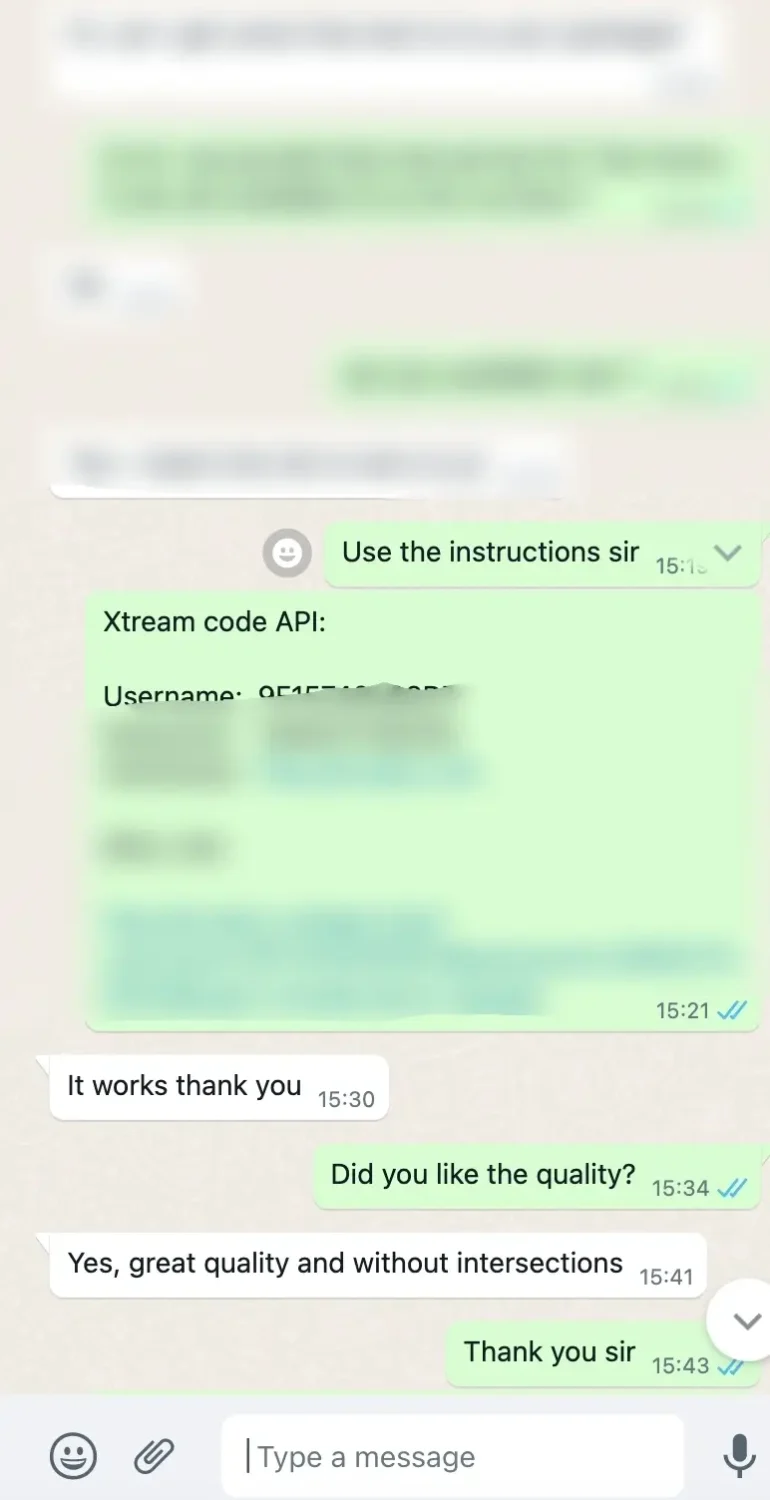 Xtream code activation confirmation on WhatsApp from a Best IPTV user.