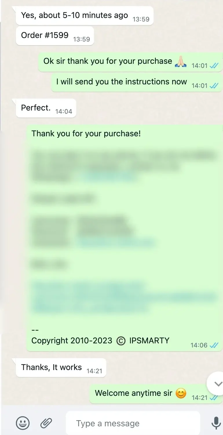 WhatsApp message thanking client for Best IPTV subscription purchase.