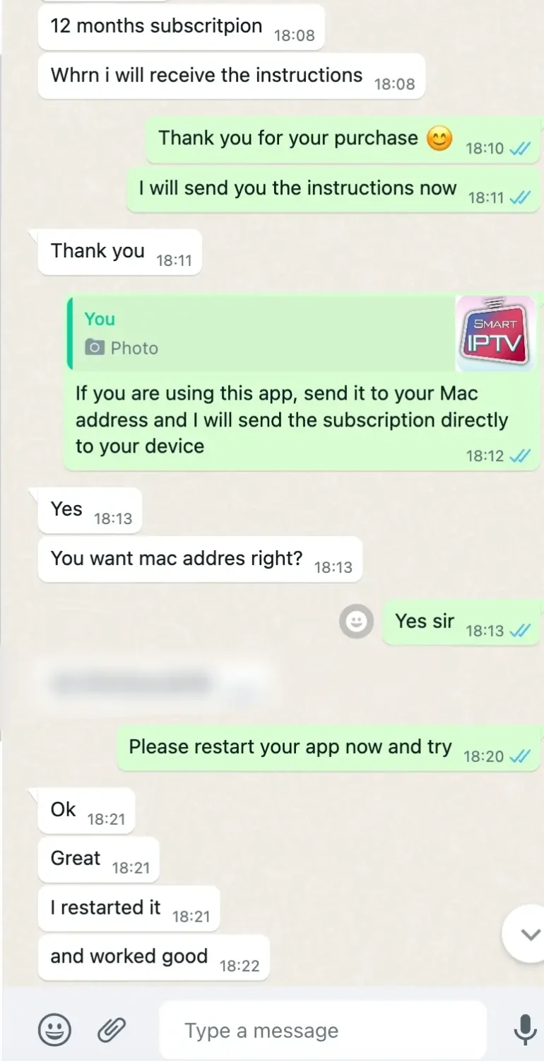 WhatsApp chat confirming IPTV setup and address for Best IPTV activation.